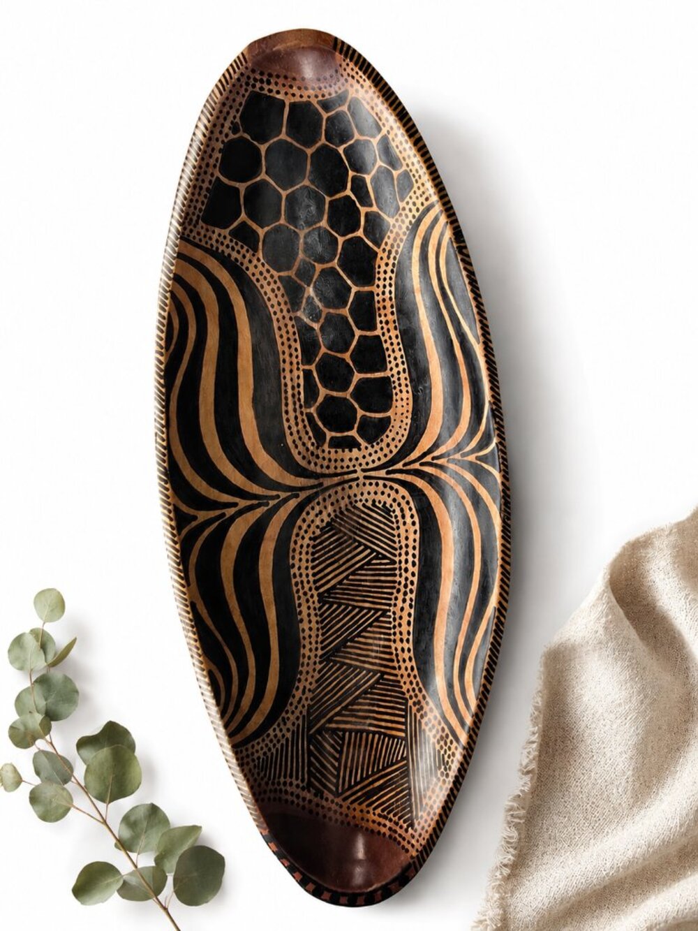 African Wooden Hand-Carved and Painted Decorative Bowl "Canoe" Silhouette